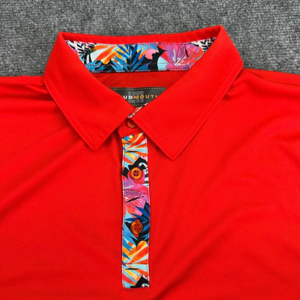 Loudmouth Polo Shirt Mens Extra Large Red Tropical Placket Print Golf Stretch‎ - Picture 3 of 10